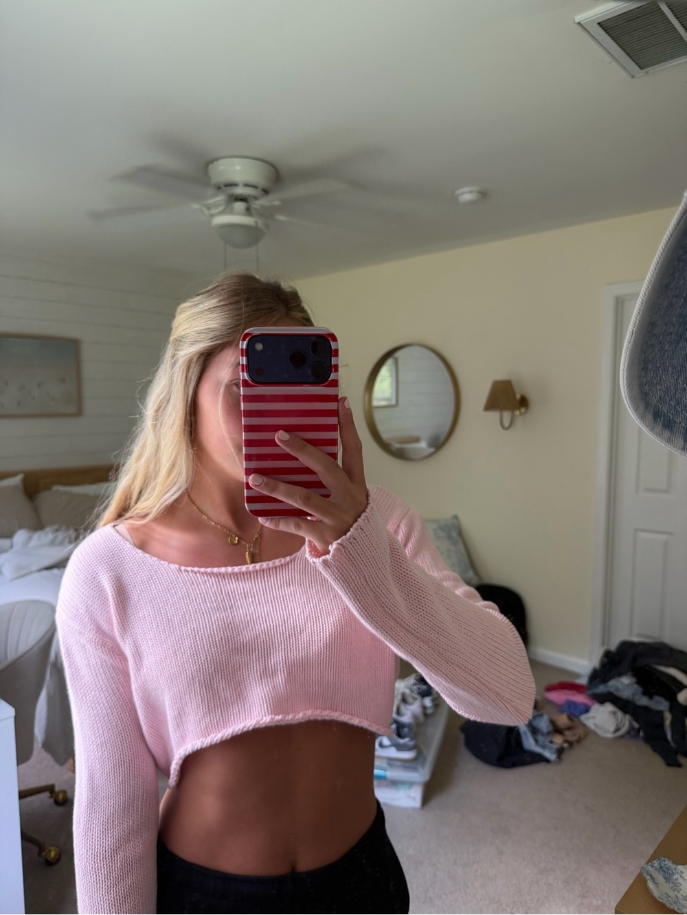 Edikted Light Pink Off-the-Shoulder Cropped Sweater